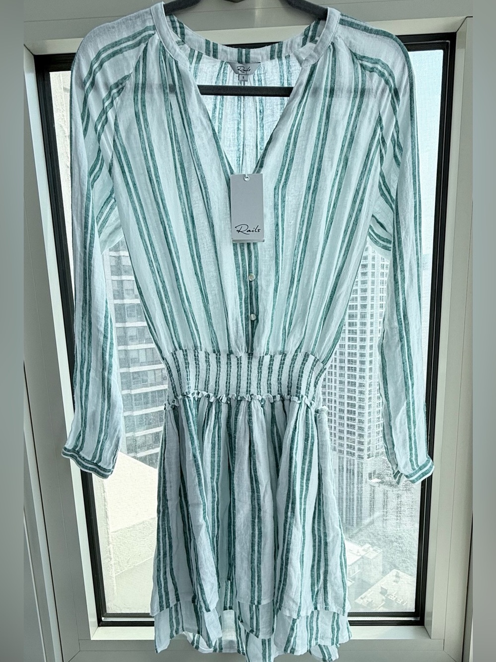 NWT Rails Green & White Linen Mini Dress ~ Smocked Waist ~ Vacation & Beach ~ S